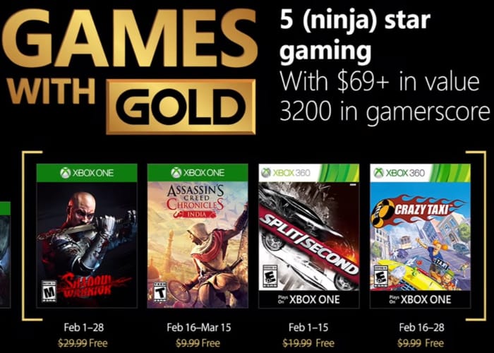 Games with Gold for February include Crazy Taxi, Shadow Warrior, more