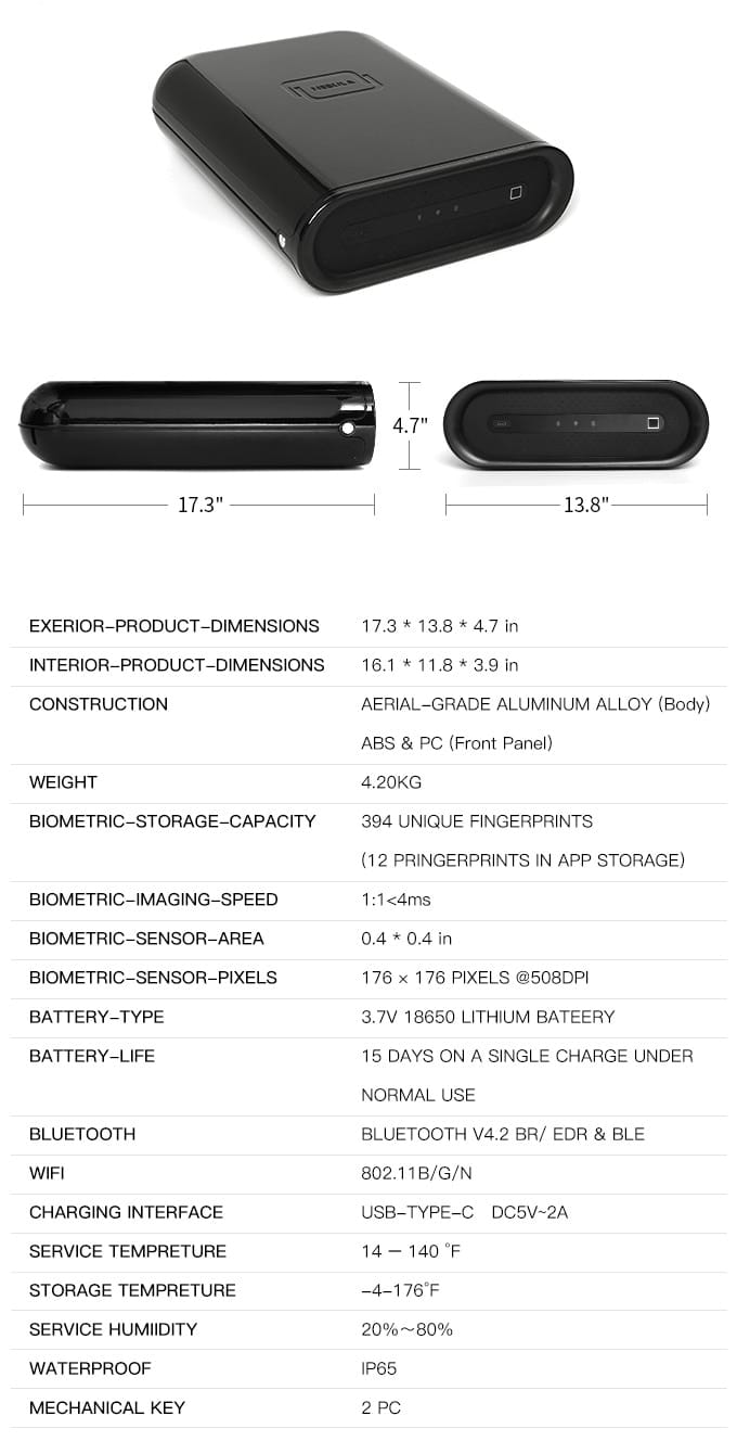 Biometric lock box specifications