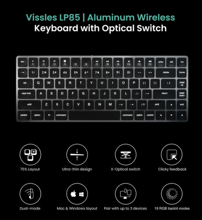 Vissles LP85 optical mechanical keyboard features