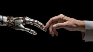 Building artificial intelligence with AI foundation models robot hand touching a human hand