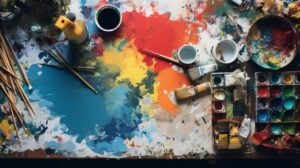 Birds Eye view of an artists desktop with paints and brushes
