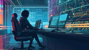 2024 Cybersecurity trends girl sitting at cybersecurity terminal