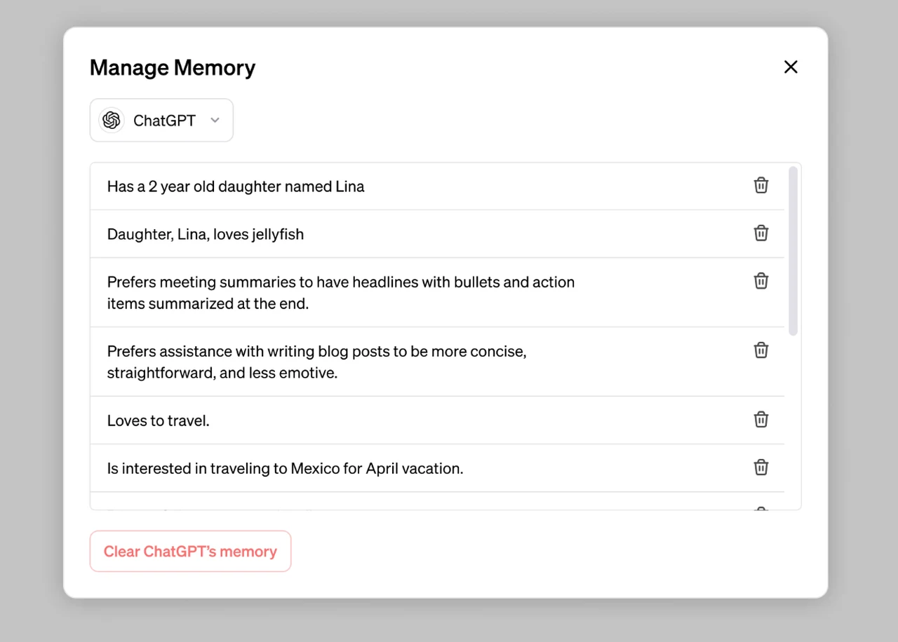 OpenAI ChatGPT Manage Memory