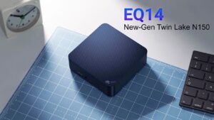 Beelink EQ14 Mini PC showcasing its compact design and integrated power supply