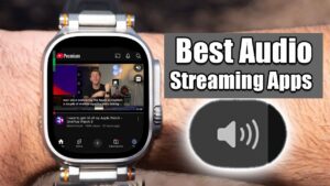 Apple Watch displaying a music app with speaker playback functionality