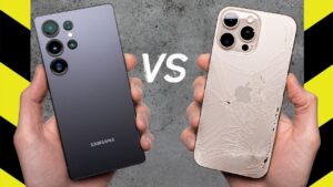 Galaxy S25 Ultra and iPhone 16 Pro Max during a drop test comparison