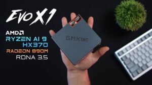 Compact GMKtec EVO X1 mini PC with sleek design and RGB lighting