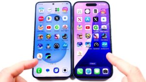Side-by-side comparison of iPhone 16 and Galaxy S25 smartphones