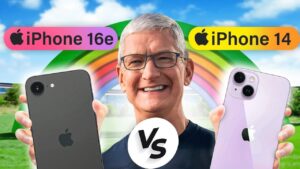 Side-by-side comparison of iPhone 16e and iPhone 14 design and features