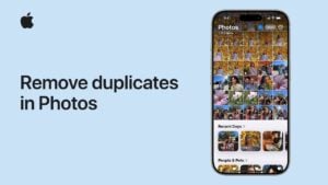 iPhone photo library showing duplicate removal feature in Photos app