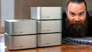 Cluster of 5 Mac Studios configured for AI supercomputing tasks