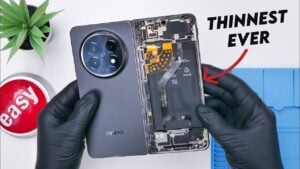 Oppo Find N5 foldable smartphone teardown showcasing internal components.