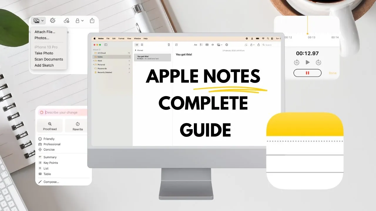Example of organizing notes in Apple Notes using folders and tags.