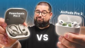 Side-by-side comparison of Powerbeats Pro 2 and AirPods Pro 2 earbuds
