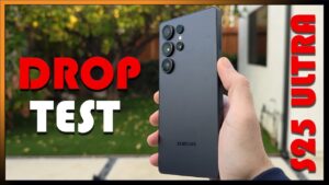 Samsung Galaxy S25 Ultra undergoing a drop test to showcase durability.