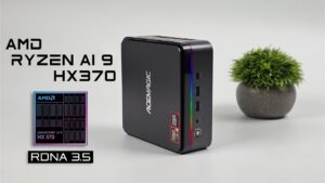 Compact AMD Ryzen HX370 Mini PC with RGB lighting and powerful specs