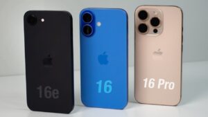 Side-by-side comparison of iPhone 16, 16e, and 16 Pro models