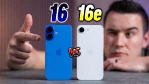 Side-by-side comparison of iPhone 16 and iPhone 16e design and build