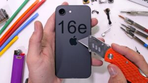 iPhone 16e undergoing durability testing for scratches and heat resistance