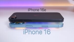 Side-by-side comparison of iPhone 16e and iPhone 16 models
