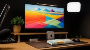 Ergonomic M4 Mac Mini desk setup with compact design and high performance