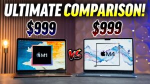 Side-by-side comparison of the M1 and M4 MacBook Air laptops.