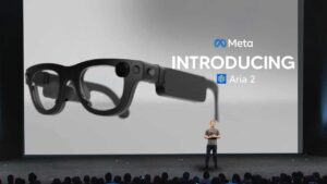 Close-up view of Meta Aria Gen 2 AI glasses showcasing sleek design