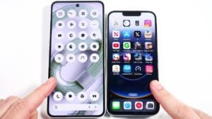 Comparison of Nothing Phone 3a and iPhone 16e smartphones side by side