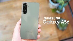 Samsung Galaxy A56 showcasing its premium design and floating camera layout