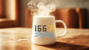 Close-up of the PixelMug P1 showcasing customizable pixel art