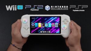 Anbernic RG557 handheld gaming console with ergonomic design and AMOLED display