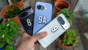 Google Pixel 9a, 9, and 8 side-by-side comparison of features and design
