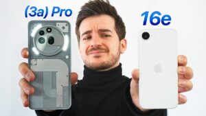 Side-by-side design comparison of iPhone 16e and Nothing Phone (3a) Pro