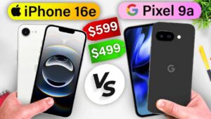 Side-by-side comparison of iPhone 16e and Google Pixel 9a smartphones