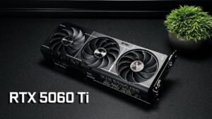 Close-up of NVIDIA RTX 5060 Ti graphics card design and features