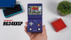 Anbernic RG34XXSP retro gaming console with foldable design