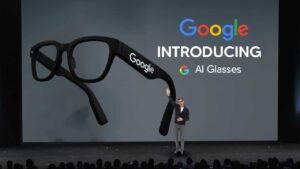 Close-up view of Google Android XR glasses showcasing sleek design