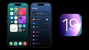 Redesigned iOS 19 interface with circular icons and translucent notifications