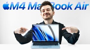 Sleek and minimalist design of the M4 MacBook Air in Sky Blue finish