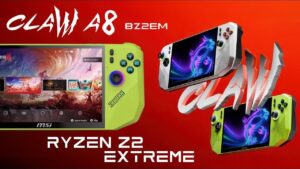 MSI Claw A8 handheld gaming device with lime green and white design