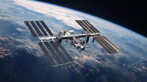 Illustration of futuristic space-based data centers orbiting Earth