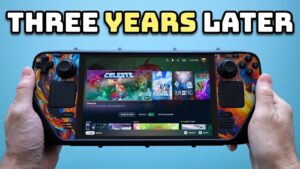 Steam Deck portable gaming device showcasing its sleek design