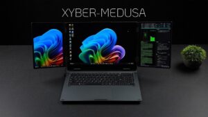 Triple-screen Xyber Medusa laptop showcasing its multitasking capabilities