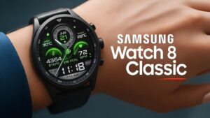 Close-up of the Galaxy Watch 8 Classic showcasing its rotating bezel and leather strap