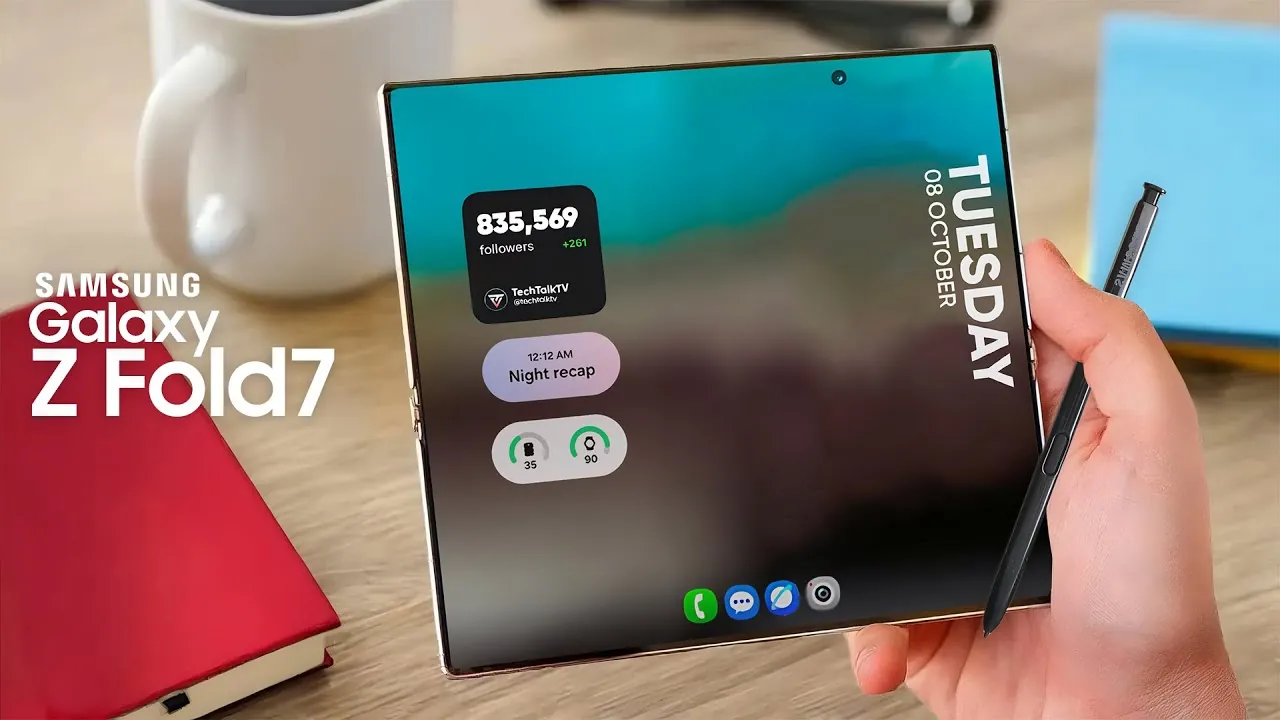Close-up of the Galaxy Z Fold 7's passive stylus system in action