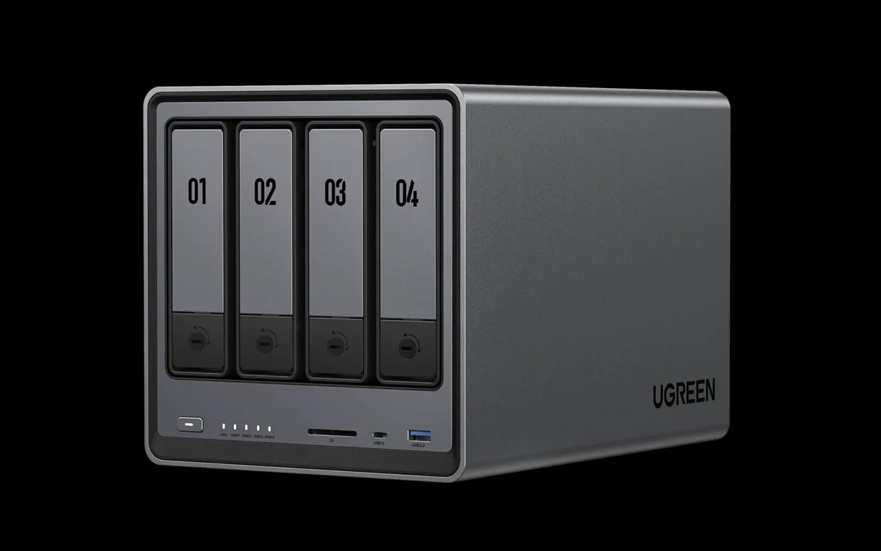 UGREEN NAS 4 bay device showcasing its sleek design and hardware features