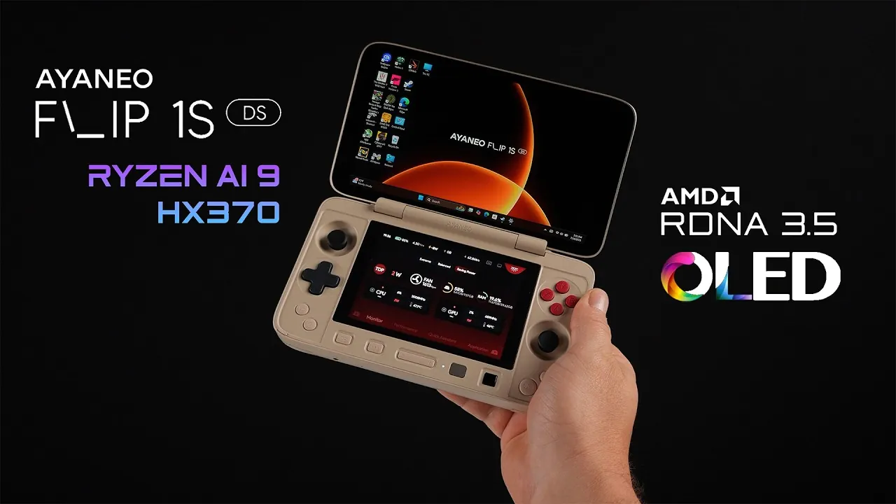 Close-up of the AYANEO Flip 1S DS showing its OLED display