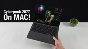 Cyberpunk 2077 gameplay running on an Apple Silicon MacBook