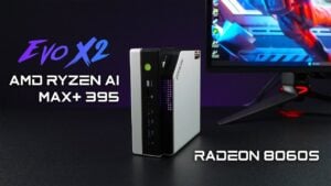 Close-up of the GMK Tech Evo X2 mini PC showcasing its sleek design