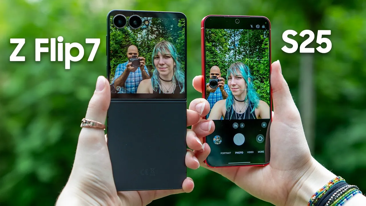 Close-up of Galaxy Z Flip 7 and S25 camera systems highlighting their differences